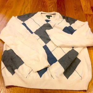 David Taylor sweater, cream, soft blue and gray.